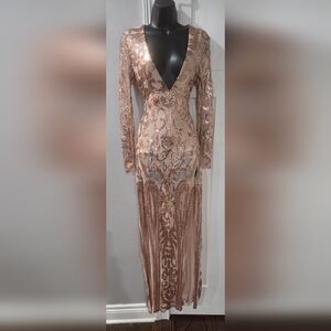 LINI Elegant Long Sleeve Dress in Metallic Bronze